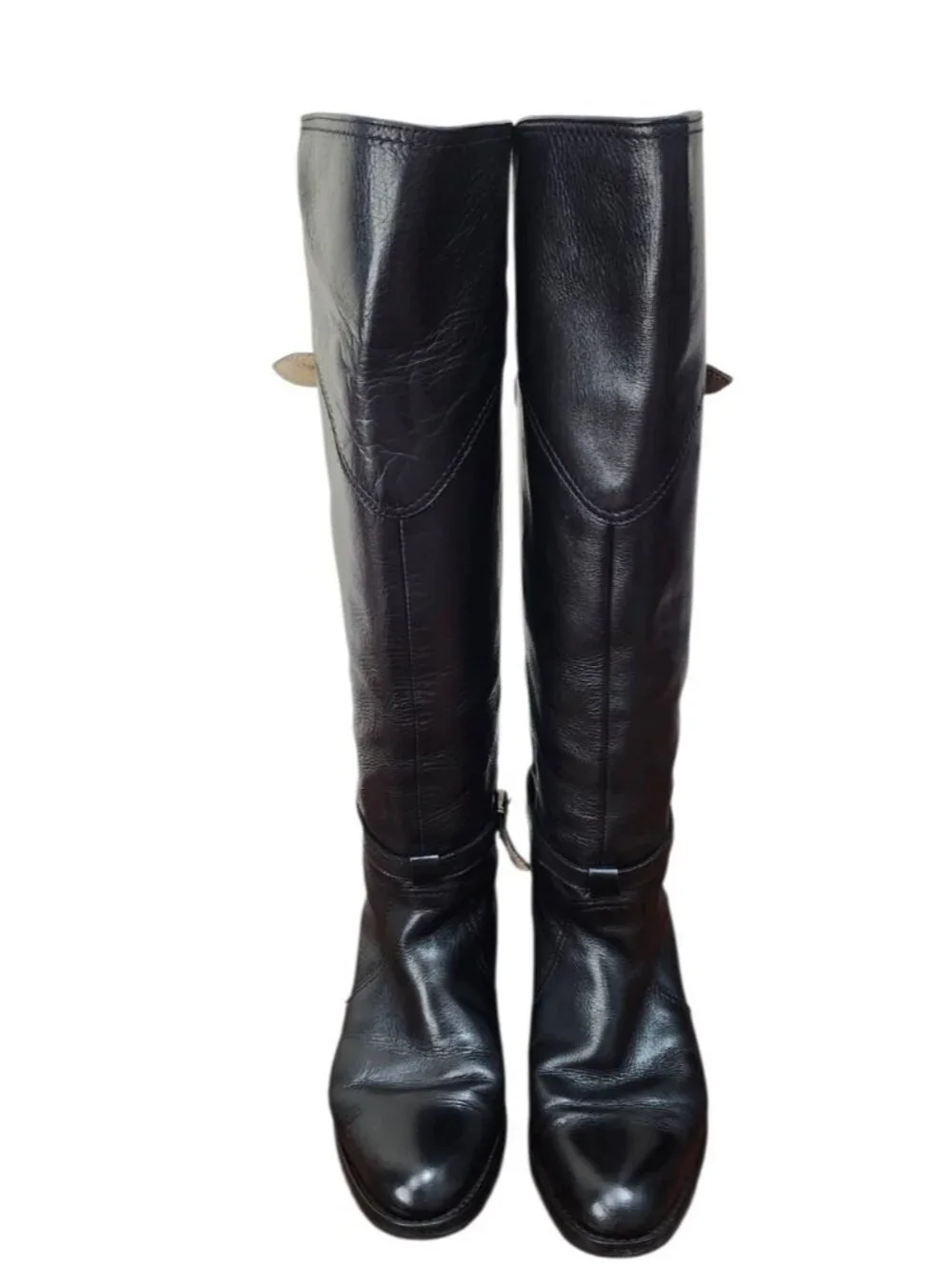 FRYE Black Leather Tall Riding Boots Size 8 Made in Spain Goodyear Welt Buckle